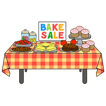 A large, colorful table covered with a checkered tablecloth. The table is adorned with an array of homemade treats, including a tray of bright yellow lemon bars cut into squares, a platter of chocolate chip cookies with shiny chocolate chips, and a stack of fluffy cupcakes with pink frosting topped with sprinkles. There are jars filled with colorful candies and a bowl of fresh strawberries. Each item is attractively arranged, capturing the cheerful atmosphere of a bake sale. A cheerful sign reading "Bake Sale" in bold, colorful letters is propped up at the back of the table.