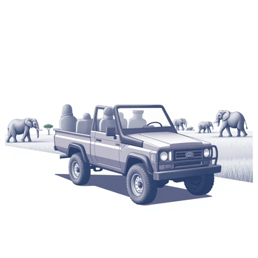 A safari truck is driving across a vast savanna. The truck features large, rugged tires and an open back for passengers. In the background, several elephants are roaming, some are standing gracefully while others are walking. The landscape is dotted with sparse trees and tall grasses, indicating the expansive nature of the savanna. The scene captures a sense of adventure and the presence of wildlife.
