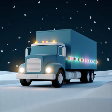 A large truck, painted in a deep blue color, is parked on a snow-covered road. The truck features glowing headlights that cast a bright light forward, illuminating the surrounding area. Colorful ribbons are wrapped around the sides of the truck, glowing softly and creating a festive atmosphere. The night sky is dark, filled with twinkling stars, and snowflakes gently fall around, adding to the wintery scene. The ground is blanketed with fresh snow, reflecting the light from the truck's headlights and ribbons.