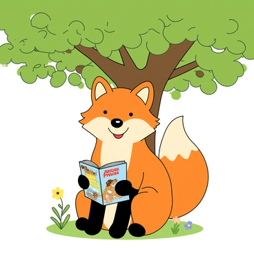 A cheerful fox with bright orange fur and white accents is sitting comfortably under a large, leafy tree. The fox has a joyful expression on its face, with its ears perked up and its tail curled around its body. It is holding a colorful book in its front paws, with the cover visible, showcasing a whimsical illustration. The tree above is full of green leaves, casting dappled sunlight onto the fox, creating a warm and inviting atmosphere. A few scattered wildflowers bloom around the base of the tree, adding a touch of color to the scene.