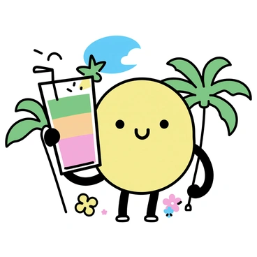 A large, round, smiling "colon" character, with a bright yellow body and cheerful eyes, is holding a tall glass filled with a colorful smoothie. The smoothie is layered in vibrant shades of pink, green, and orange, topped with a slice of pineapple. The background features lush green palm trees and a clear blue sky, creating a tropical atmosphere. The colon character is surrounded by small colorful flowers, adding to the cheerful scene.