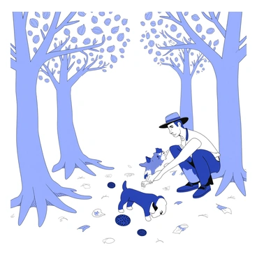 A dog helping a farmer find truffles under the roots of oak trees.