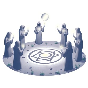 A group of hooded figures gathered in a circular formation, their silhouettes illuminated by the bright light of the "full moon" above. Each figure holds a candle, casting flickering shadows that dance across the ground. In the center of the circle, a large, intricate symbol is drawn on the earth, surrounded by carefully placed stones and wildflowers. The atmosphere is filled with an air of mystery as the figures move in unison, their hands raised as if invoking an unseen force. The scene captures the essence of a "secret ritual," with an intense focus on the details of the participants' robes and the patterns of the symbol on the ground.