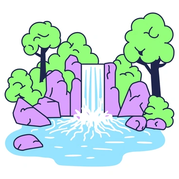 A waterfall is cascading down a rocky surface into a clear pool below. At the base of the waterfall, the water splashes gently, creating ripples on the surface of the pool. Surrounding the pool, there are large rocks with various shapes and sizes. Lush greenery fills the scene, with trees that have broad leaves and dense bushes lining the edges of the pool. Sunlight filters through the leaves, casting intricate shadows on the water and rocks, enhancing the serene atmosphere of the setting.