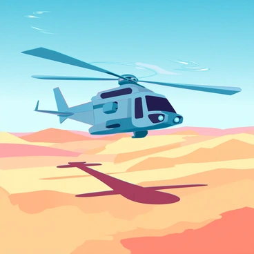 A sleek helicopter with a metallic surface and rotating blades is hovering over an expansive desert landscape. The helicopter is equipped with surveillance equipment and has a tactical design. Below, vast golden sand dunes ripple under the bright sunlight, casting long shadows. The sky above is a clear blue, with a few wispy clouds scattered throughout. The scene captures the contrast between the high-tech helicopter and the natural beauty of the desert terrain.