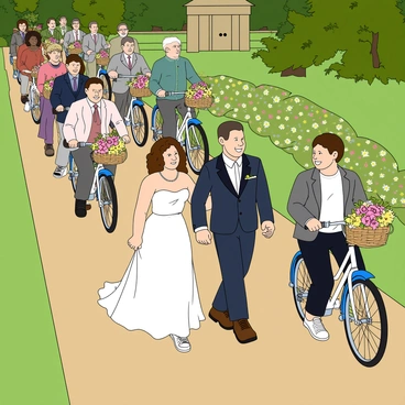 A wedding procession featuring a joyful couple walking hand in hand down a garden path. Surrounding them are enthusiastic guests riding white bicycles, each adorned with colorful flowers, creating a festive atmosphere. The guests' bicycles have floral decorations on the handlebars and baskets. Some guests wear elegant outfits, while others sport casual attire. The garden is filled with green grass, blooming flowers, and trees, enhancing the cheerful scene. The sunlight casts soft shadows, adding warmth to the joyful celebration.