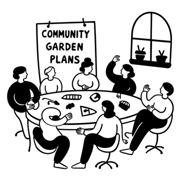 A group of diverse adults gathered around a large table in a community center, with various gardening tools and seed packets spread out in front of them. A flip chart displays the words "Community Garden Plans" written prominently at the top. Some individuals lean forward, holding notepads and pens, while others gesture animatedly as they share ideas. A window in the background shows potted plants sitting on the sill, adding a touch of nature to the indoor setting.
