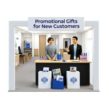 A booth set up in a bank, featuring a large sign that reads "Promotional Gifts for New Customers" in bold letters. The booth is staffed by a friendly bank representative wearing a professional outfit, smiling and engaging with visitors. A table is filled with various promotional gifts such as branded pens, notepads, and reusable tote bags. There are also brochures about the bank’s services displayed prominently. The background shows a welcoming interior of the bank with bright lighting and modern decor.
