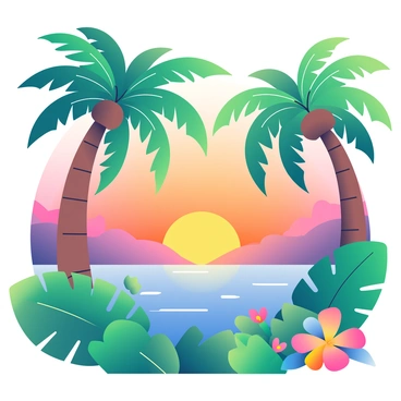 A lush tropical paradise features tall, green palm trees swaying gently in the breeze. The sky is filled with vibrant hues of orange, pink, and purple as the sun sets on the horizon, casting warm light across the scene. In the foreground, there are large, green leaves and colorful flowers, adding to the rich biodiversity of the landscape. The atmosphere feels lively and serene, inviting viewers to immerse themselves in the beauty of nature.