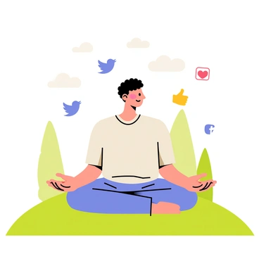 A person sitting cross-legged on a grassy hill, with eyes closed in meditation. The person is wearing comfortable, loose-fitting clothing. Around them, various colorful social media icons float gently in the air, including a blue bird for Twitter, a red heart for Instagram, and a yellow thumbs-up for Facebook. In the background, there are soft green trees and a light blue sky with fluffy white clouds, creating a peaceful atmosphere.
