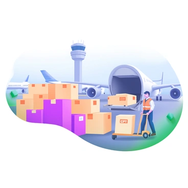 A modern pastel illustration depicting a busy cargo area at an airport. In the foreground, there are large crates and boxes stacked neatly, label "CPT" clearly visible on each one. A cargo plane is parked on the tarmac, with its loading ramp extended, ready to receive the cargo. A warehouse worker wearing a safety vest is using a hand truck to move additional packages toward the plane. In the background, a control tower is visible, alongside other cargo planes preparing for takeoff. The sky is a light blue, indicating a clear day for flying.