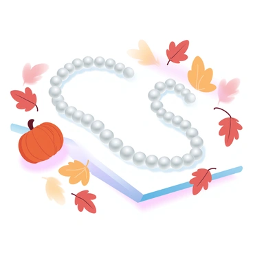 A pearl necklace is laid elegantly on a surface surrounded by colorful autumn leaves in various shades of red, orange, and yellow. A small, round pumpkin is placed nearby, its rich orange hue contrasting with the soft luster of the pearls. The pearls are arranged in a delicate curve, reflecting light. The autumn leaves are scattered artistically around the necklace and pumpkin, enhancing the seasonal theme.