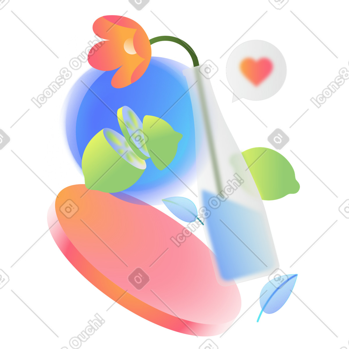 Still life of a lemon plate and flower in vase illustration Morphis style download PNG, SVG