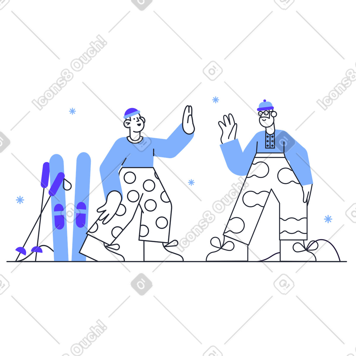 Pablita スタイルの スキーヤーが出会って挨拶 のイラストをPNG、SVG形式でダウンロード