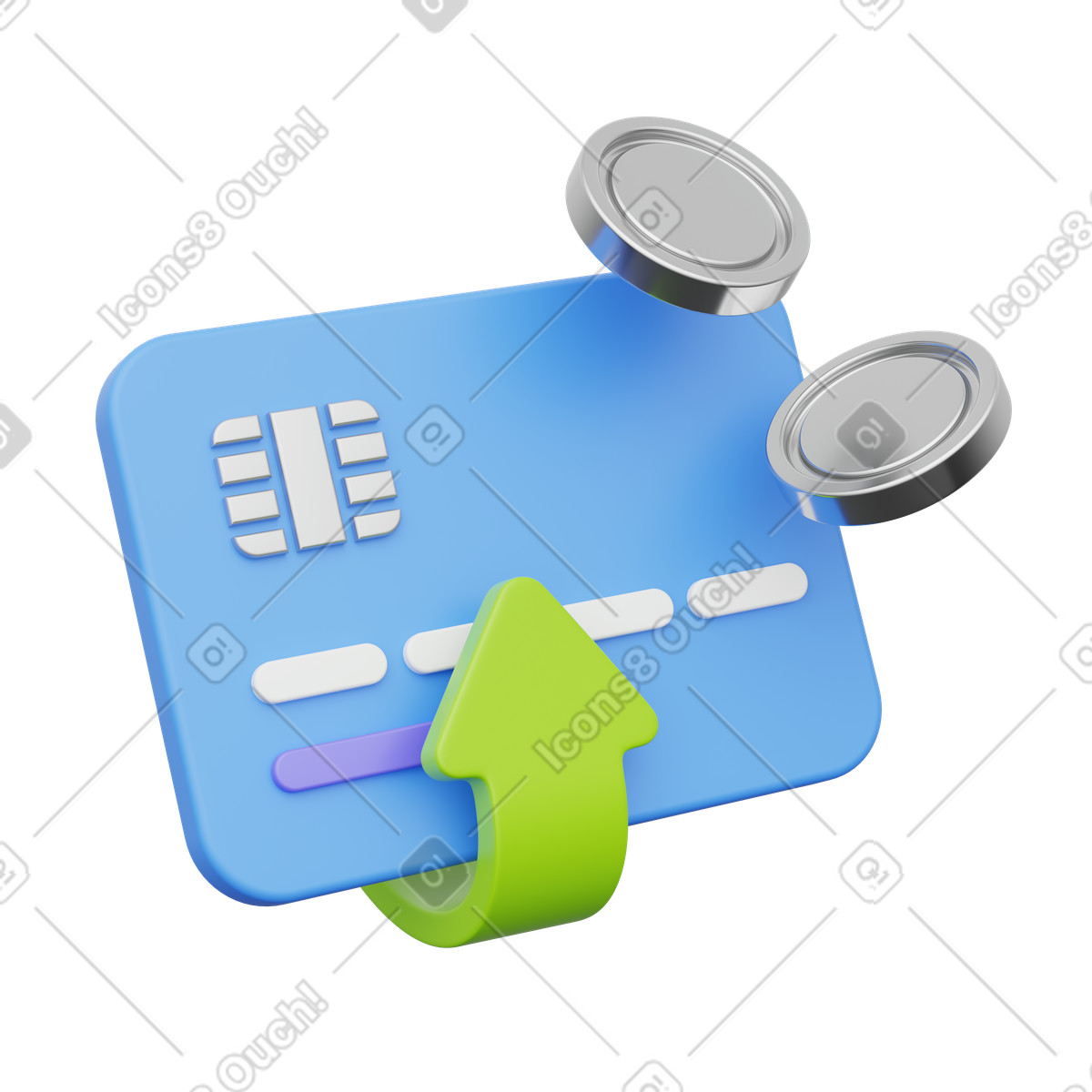 Bank card with upward arrow and coins, financial transaction and savings concept illustration in PNG, SVG