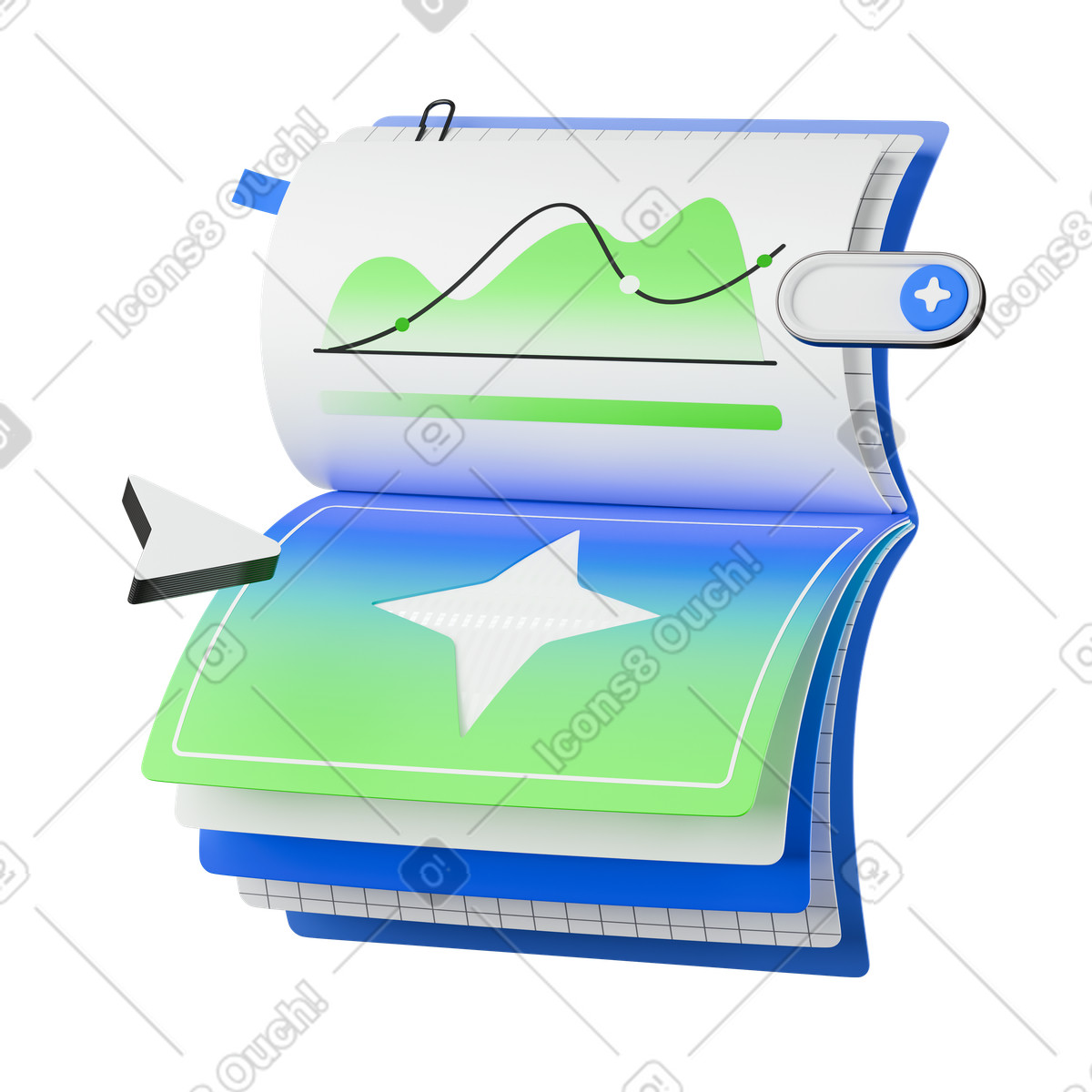 Анимированная иллюстрация Analytics notebook page displaying performance line graph and trend indicators в стиле 3D Stickle — скачать в форматах GIF, Lottie (JSON), AE
