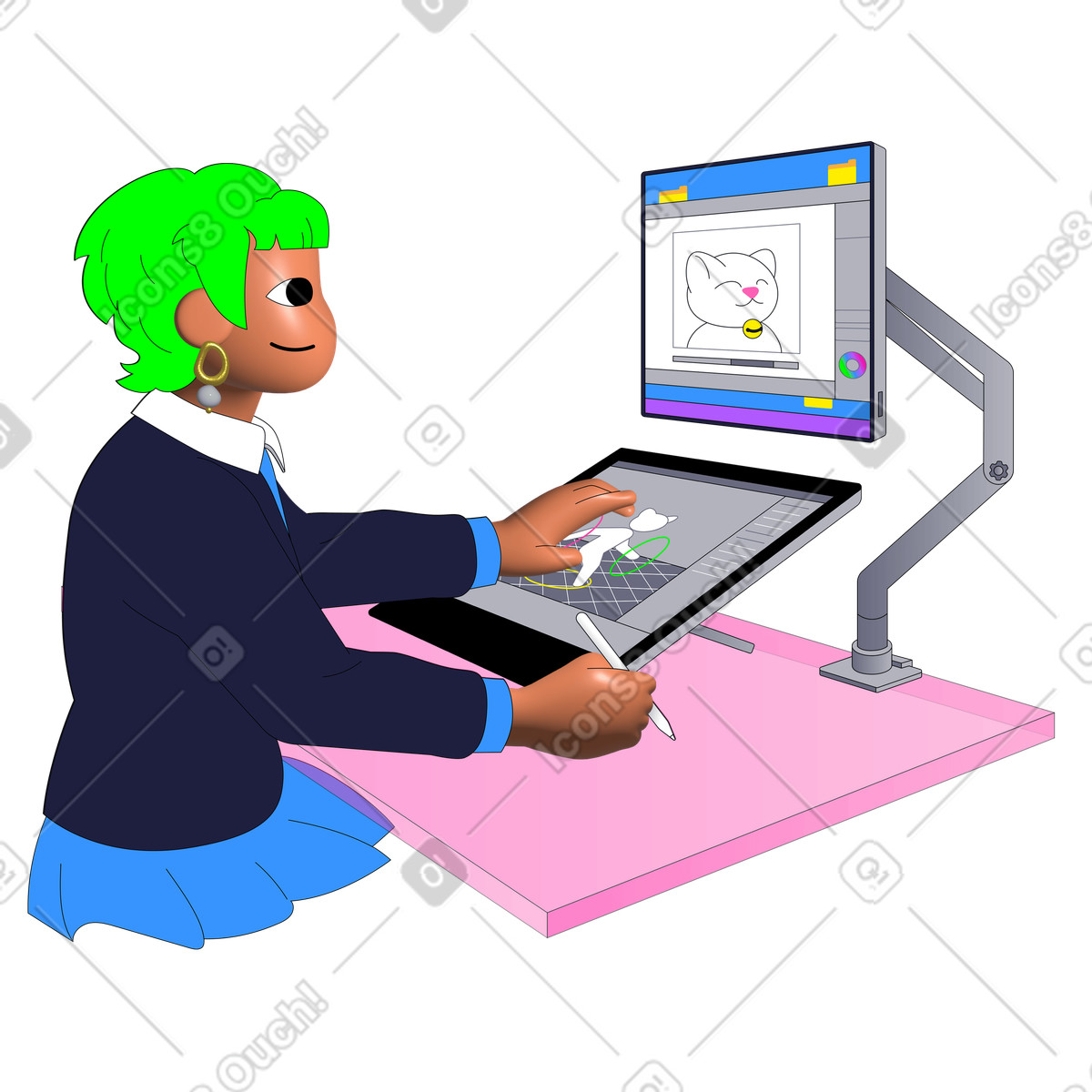 Donna che crea un personaggio animato di gatto illustrazione in stile Pop scarica in PNG, SVG