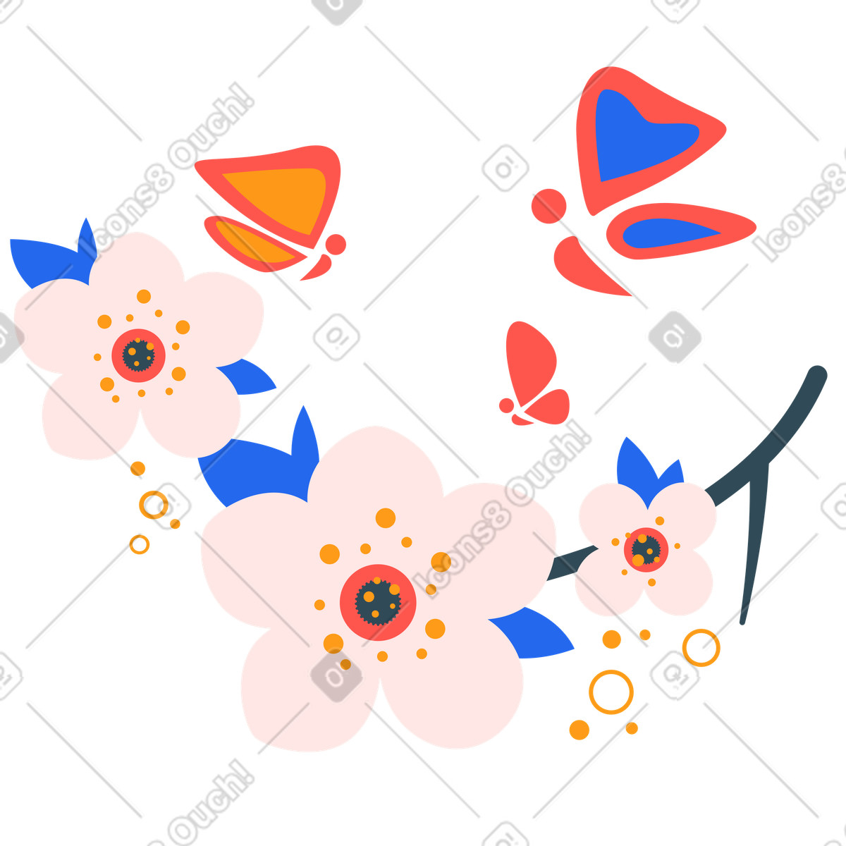 Ramo fiorito con farfalle volanti illustrazione in stile Kingdom scarica in PNG, SVG