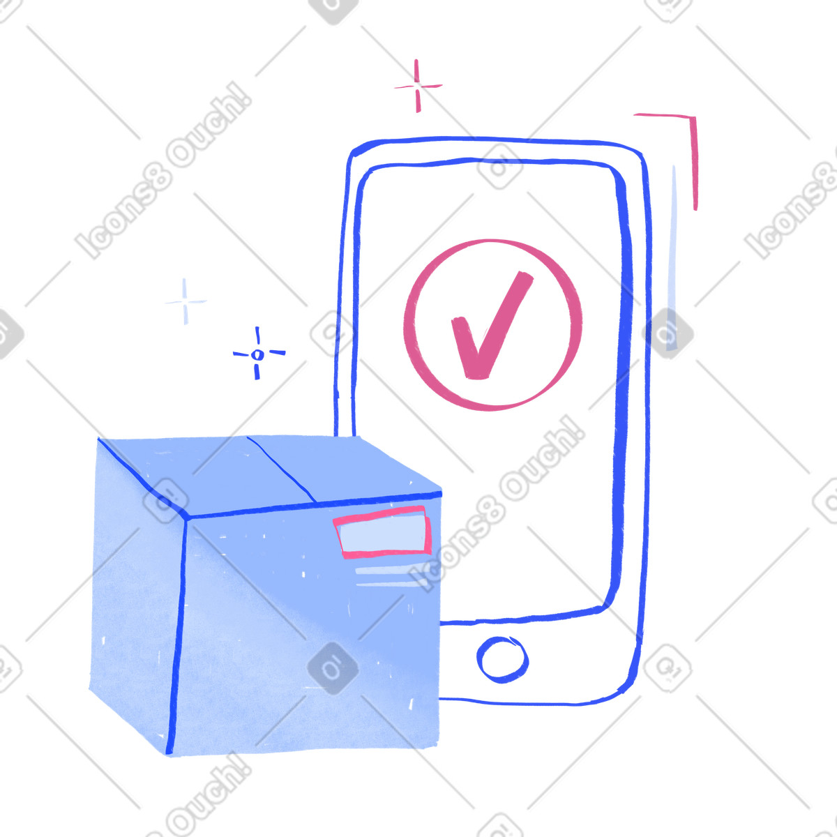 Ilustração de Order completed on a phone with delivery box em no estilo Quirky para baixar em PNG, SVG