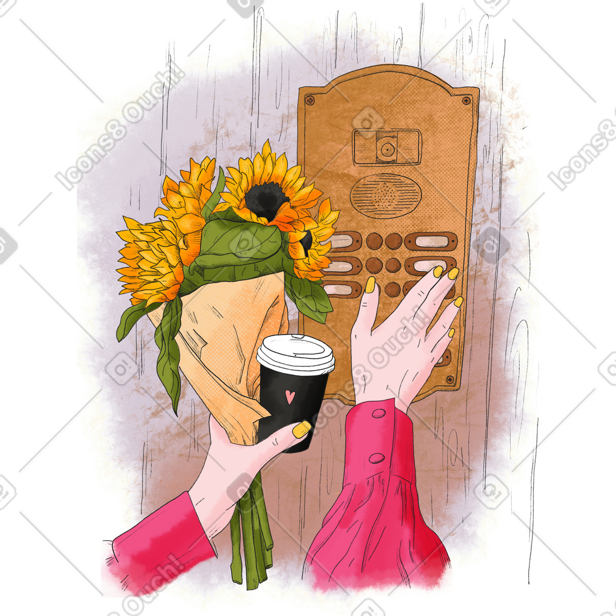 T&uuml;rsprechanlage mit blumenstrau&szlig; und kaffee-Illustration im Moments-Stil als Download in PNG, SVG