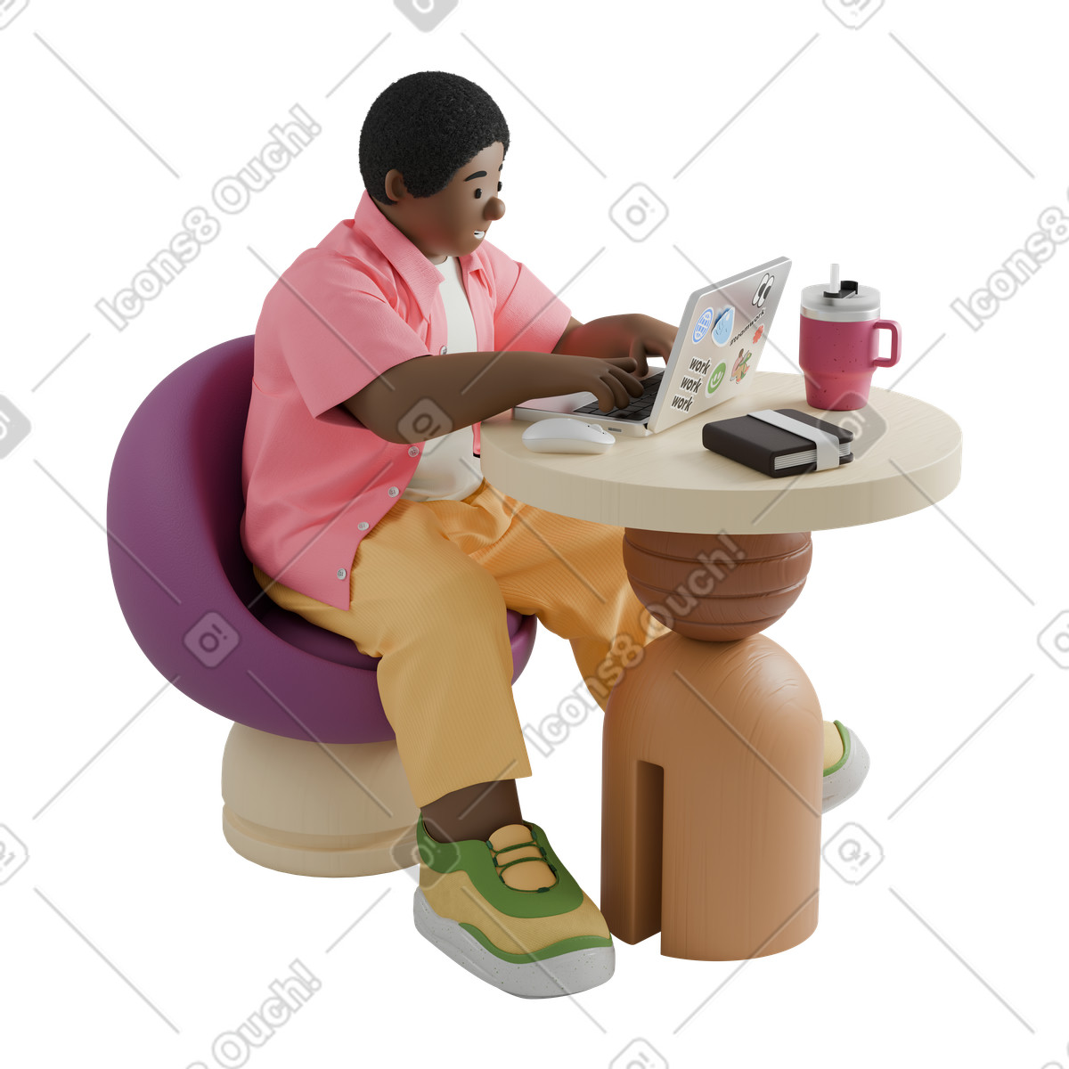 Freelancer typing on laptop at modern cafe, remote work and productivity illustration in 3D Kindy style download in PNG, SVG