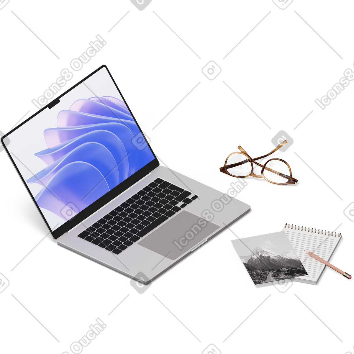 Vista isometrica di laptop, occhiali, cartolina, taccuino e matita illustrazione in stile 3D Hygge scarica in PNG, SVG
