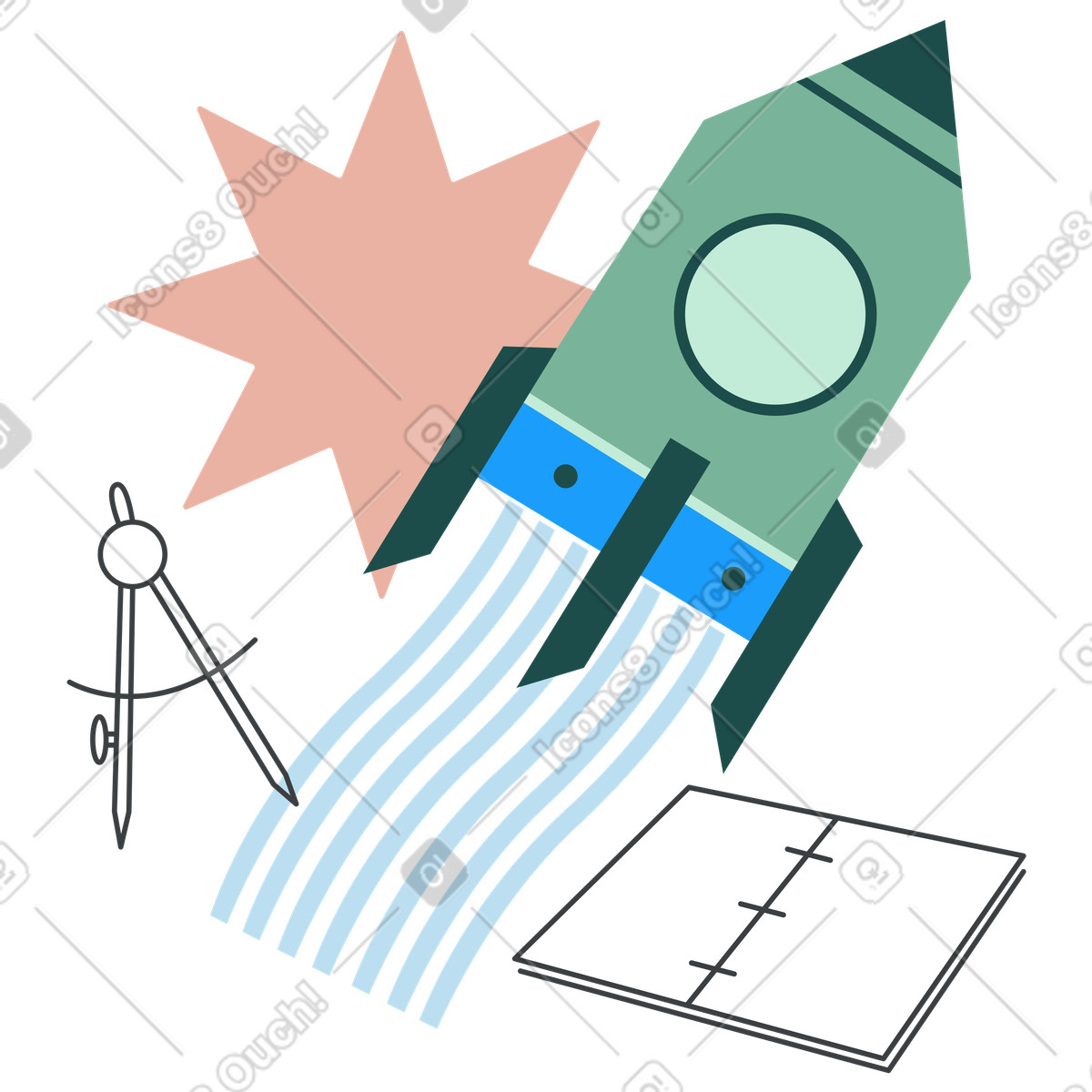 Ilustración Rocket ship with drawing tools and notebook, Imagination in childhood education en estilo Kiddo a descargar en PNG y SVG