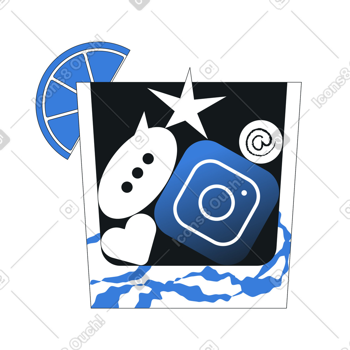 Bicchiere da cocktail pieno di icone dei social media, marketing digitale e coinvolgimento del marchio illustrazione in stile Midnight scarica in PNG, SVG