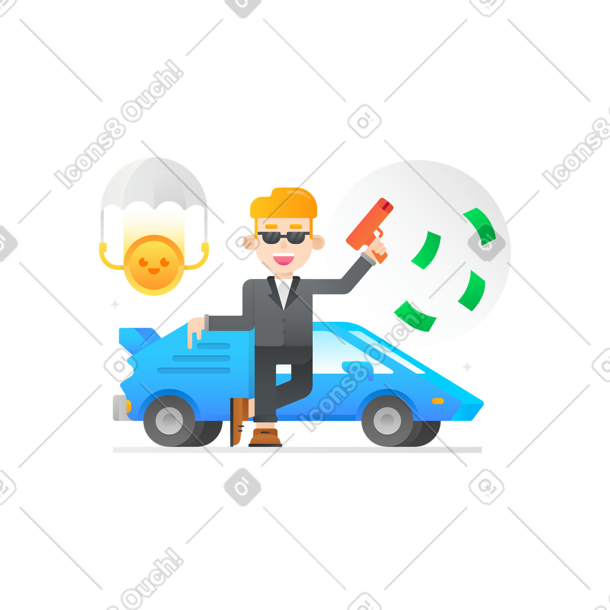 Businessman standing next to car with falling banknotes illustration in Hugo style download in PNG, SVG