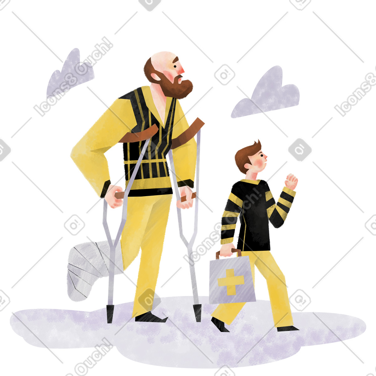 Injured father with crutches and son first aid kit, Emergency care accident recovery illustration in Family style download in PNG, SVG