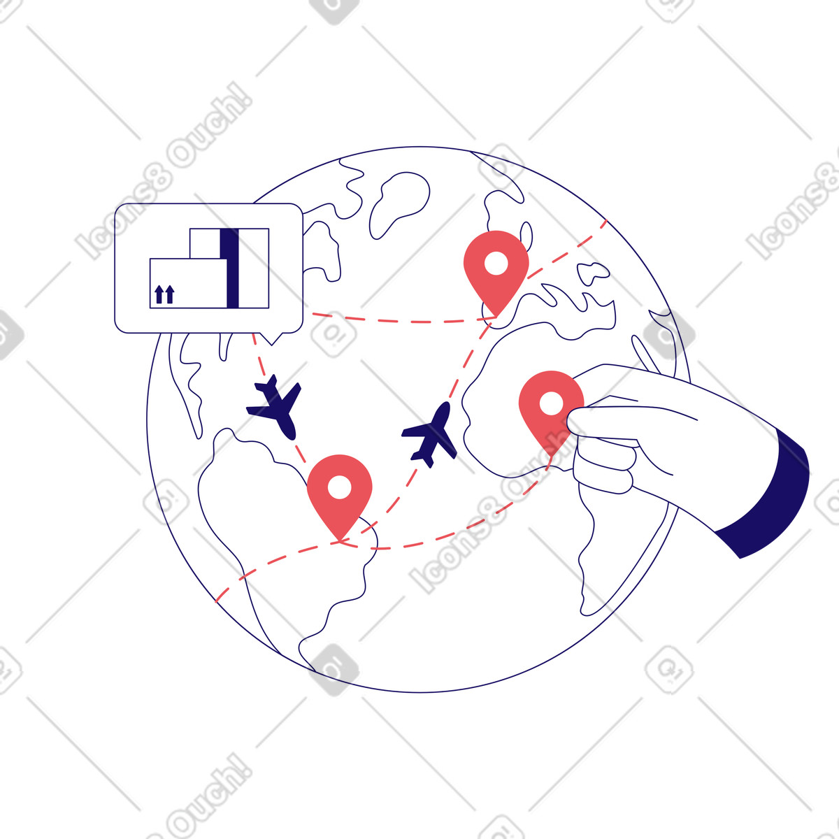 Bendy スタイルの Globe with flight routes and location pins, International logistics coordination のアニメーションイラストをGIF、Lottie (JSON)、AEでダウンロード