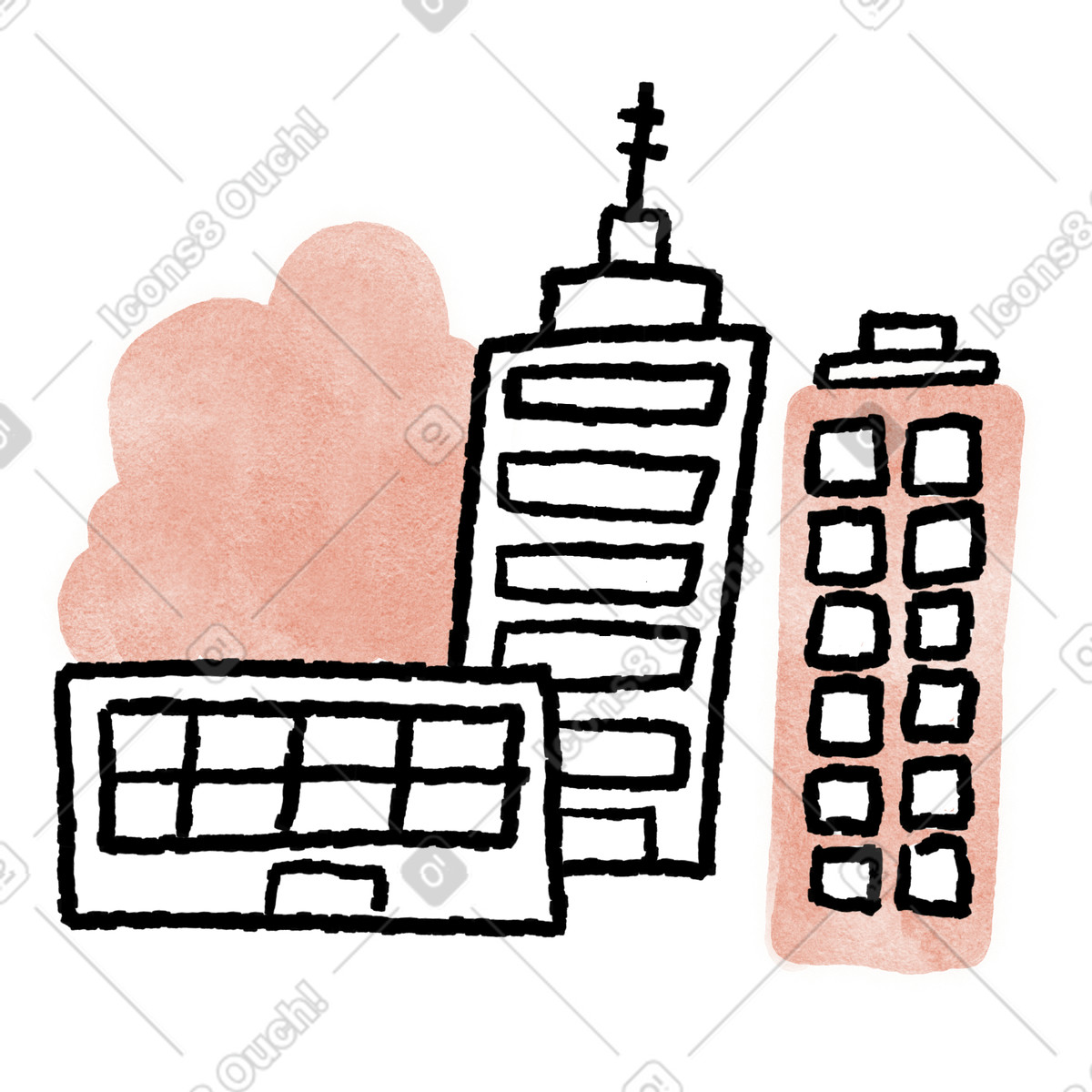 City architecture with highrise apartments and low office block windows illustrazione in stile Anthropic Claude Hand Drawn scarica in PNG, SVG