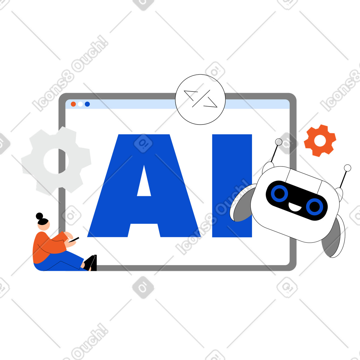 Tiny スタイルの Chatbot and user with browser window displaying ai letters, automation software innovation のイラストをPNG、SVG形式でダウンロード