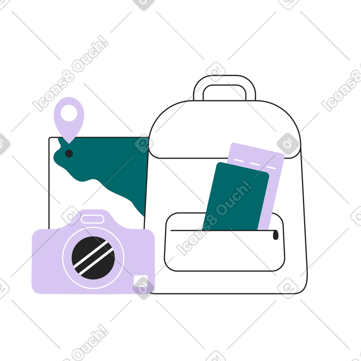 Sammy Line スタイルの Backpack with ticket, camera, and map, Vacation planning or trip packing のアニメーションイラストをGIF、Lottie (JSON)、AEでダウンロード