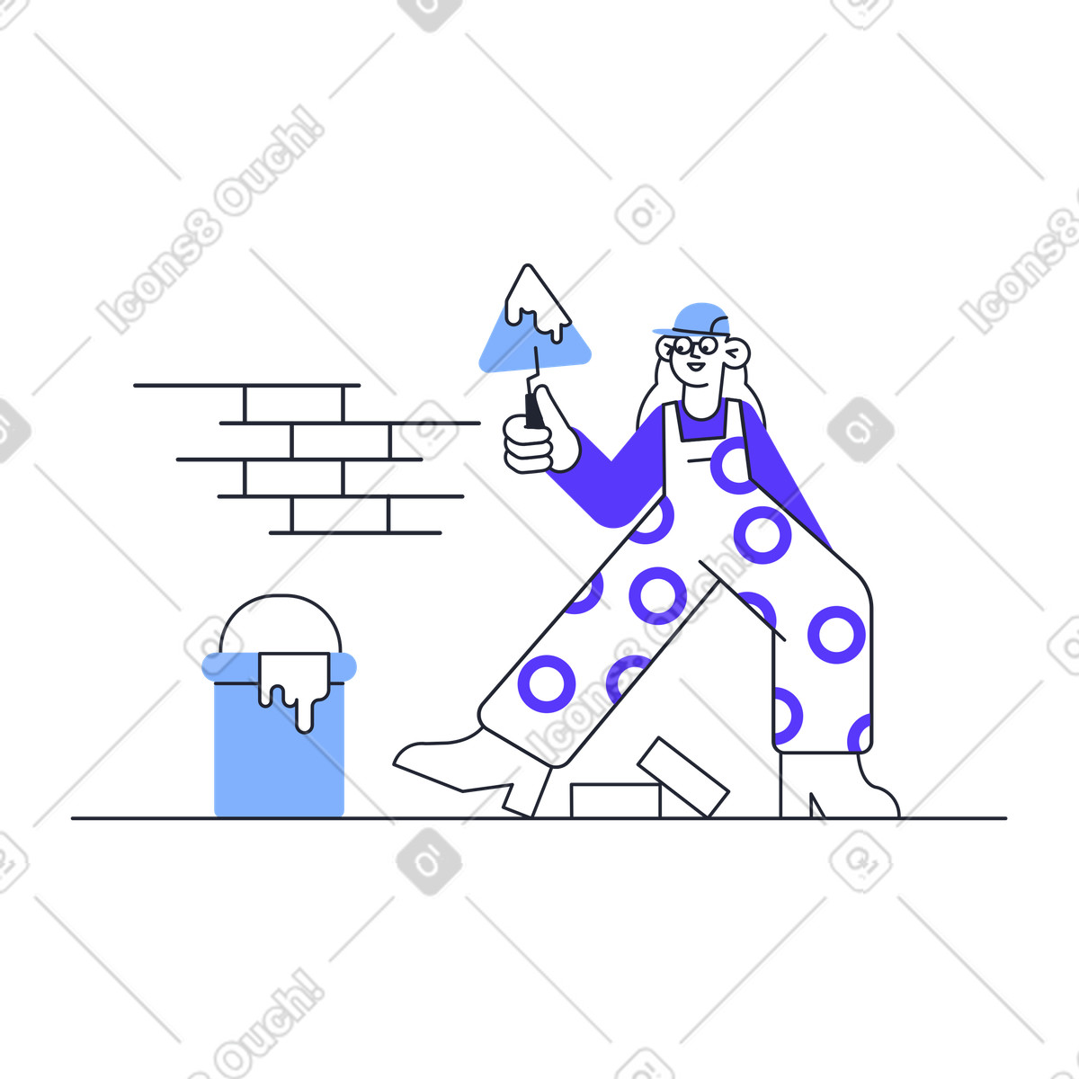 Female construction worker building a wall illustration in Pablita style download in PNG, SVG