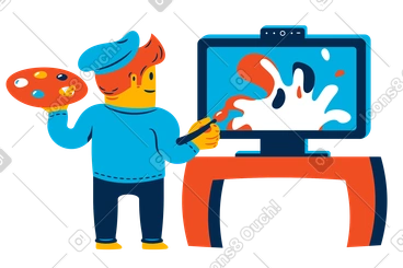 Artist with color palette painting on monitor PNG, SVG