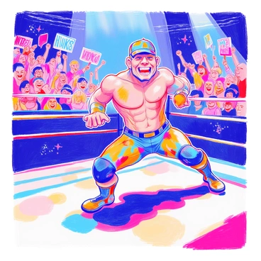A cartoon version of "John Cena" is in the center of the image, showcasing his signature look with a blue cap and a colorful wrestling outfit. He is mid-action, performing a comical wrestling move, with exaggerated facial expressions that convey humor. The background features a wrestling ring with bright ropes and a cheering crowd filled with animated fans holding signs. The scene captures the vibrant energy of the performance.