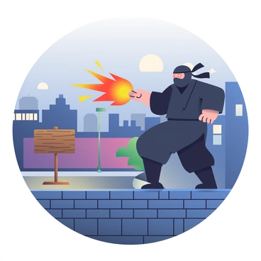 A ninja with a dark mask and traditional black attire is perched on the edge of a rooftop, overlooking the cityscape below. The ninja is in a dynamic pose, with one knee bent and the other leg extended, showcasing agility and focus. In the ninja's right hand, a vibrant orange fireball is being hurled with intense energy towards a wooden target situated on the street below. The rooftop is made of dark tiles, and there are subtle details of the surrounding buildings, including windows and chimneys, under a twilight sky. The scene conveys a sense of movement and precision as the fireball glows brightly against the darkening backdrop.