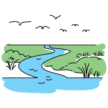 A river delta, showcasing a network of winding waterways flowing through lush greenery. The water reflects the light, highlighting the curves and bends of the delta. Flocks of migratory birds are seen flying above, their wings spread wide as they traverse the sky. The scene captures the natural beauty of the delta, with patches of wetlands and clusters of reeds framing the waterways below.