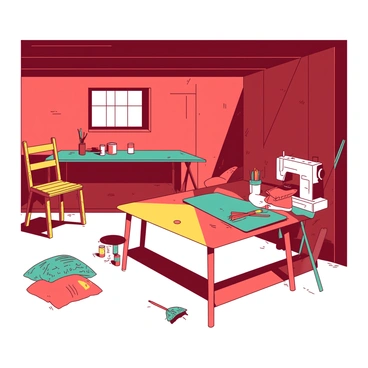 A red garage filled with various upcycled furniture projects in progress. In one corner, a yellow wooden chair is being sanded down, with tools scattered around. There is a teal workbench covered with paint cans and brushes, and an unfinished coffee table made from reclaimed wood is leaning against the wall. A few vibrant throw pillows in various patterns are piled next to a sewing machine on the workbench. Bright sunlight streams through a window, illuminating the creative space, highlighting the spirit of sustainability and innovation.