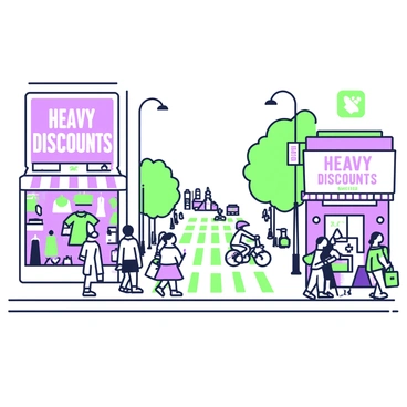 A busy street scene filled with various shops and pedestrians. The street is lined with storefronts, each adorned with large signs that display the phrases "Heavy Discounts" in bold letters. On the left, a shop showcases clothing items with a vibrant window display, while next to it, another shop features electronics with promotional banners. People can be seen walking along the sidewalk, some carrying shopping bags, while others stop to look at the shop windows. In the background, a crosswalk is busy with a few cyclists and a couple of parked cars, contributing to the lively atmosphere.