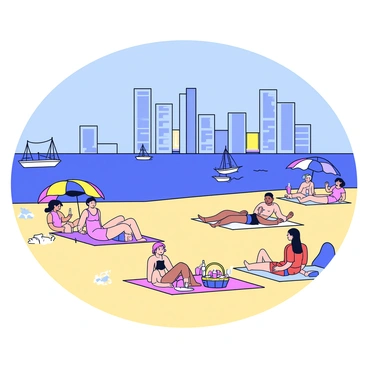 A sandy beach with people lounging on colorful beach towels and umbrellas. Some individuals are playing beach volleyball while others are sunbathing. A group of friends is enjoying a picnic with a basket and drinks. In the background, tall skyscrapers rise against the clear blue sky, creating a modern cityscape. A few sailboats are visible in the water, gliding smoothly across the waves.