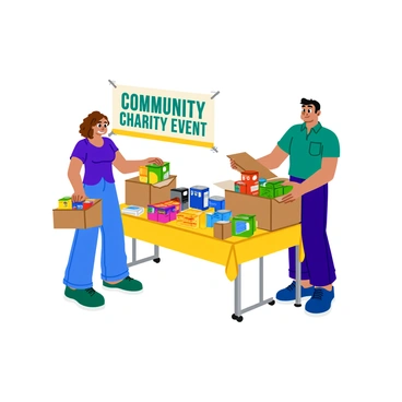 Two volunteers are sorting through a variety of colorful donations at a community charity event. One volunteer is a young woman with curly brown hair, wearing a bright blue t-shirt and jeans, holding a stack of canned food items. The other volunteer is a middle-aged man with short black hair, dressed in a green polo shirt and shorts, arranging boxes filled with children's toys. A banner in the background reads "Community Charity Event" in bold letters, and there are multiple tables covered with donated items, creating a lively and busy atmosphere.