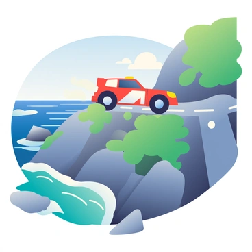 A rally car with a bold red and white design is speeding along a cliffside road. The car's tires are kicking up dust and gravel as it navigates a sharp turn. Below the road, the ocean glistens in shades of deep blue and turquoise, with waves crashing against the rocky coastline. Lush green vegetation clings to the cliff's edge, contrasting with the rugged terrain. In the background, a clear sky with a few fluffy white clouds completes the scene.