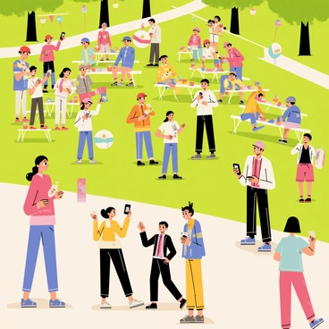 A vibrant local park filled with people gathered for a Pokémon Community Day event. In the foreground, a group of trainers, each wearing colorful clothing, are joyfully discussing strategies and exchanging Pokémon. Some trainers are holding their smartphones, capturing images of Pokémon that are appearing around them. In the background, there are decorated picnic tables with various Pokémon-themed snacks and drinks. Colorful balloons and banners featuring popular Pokémon characters are displayed throughout the park. A small stage is set up where a cheerful announcer is engaging the crowd, adding to the lively atmosphere of the event.