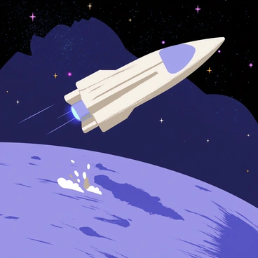 A flat-3D illustration featuring a metallic spacecraft with sleek lines and glowing blue lights, making its descent onto the surface of a distant planet. The planet's surface is rugged and textured with shades of deep purple and dark blue, scattered with craters and rocky formations. A starry sky is visible in the background, filled with twinkling stars and vibrant nebulas. Small clouds of dust are kicked up from the landing site beneath the spacecraft.