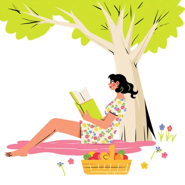 A pin-up girl with wavy hair, wearing a colorful floral dress, is lounging comfortably under a large, leafy tree. She is engrossed in reading a book, holding it open with both hands. The sunlight filters through the branches, casting dappled shadows on her face. A picnic blanket is spread out beneath her, adorned with a basket filled with fruits. A few wildflowers are scattered around, adding to the serene outdoor setting.
