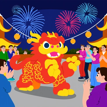 A vibrant barongsai lion dance is being performed in the street, showcasing a colorful lion with red and gold fur adorned with intricate patterns. The performers are dressed in traditional outfits, moving energetically with the lion, capturing the festive spirit of the Lunar New Year. In the background, bright fireworks explode in the night sky, illuminating the scene with bursts of red, blue, and gold. Lanterns hang overhead, adding to the celebratory atmosphere, while a cheering crowd gathers around to watch the performance.