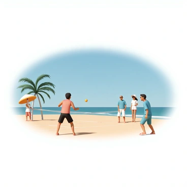 A sunny beach scene with a bright blue sky and gentle waves lapping at the shore. In the foreground, several players are engaged in a fun game of pickleball on the sand. One player, wearing a red tank top and black shorts, is serving the ball while another player, dressed in a blue t-shirt and white shorts, is poised to return the shot. Nearby, two spectators are watching the game, one wearing sunglasses and a wide-brimmed hat, and the other holding a beach umbrella. Palm trees sway slightly in the warm breeze, completing the lively coastal atmosphere.