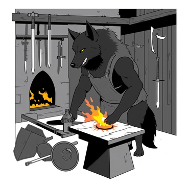 A black wolf with muscular build is standing at a rustic forge, working diligently. The wolf is wearing a leather apron, with its ears perked up attentively. The forge has a glowing orange fire, with sparks flying in the air as the wolf hammers a glowing sword on an anvil. Nearby, there are various medieval weapons displayed, including swords, axes, and shields, all showcasing intricate designs. The background features stone walls, wooden beams, and tools hanging from the walls, creating an authentic medieval atmosphere.